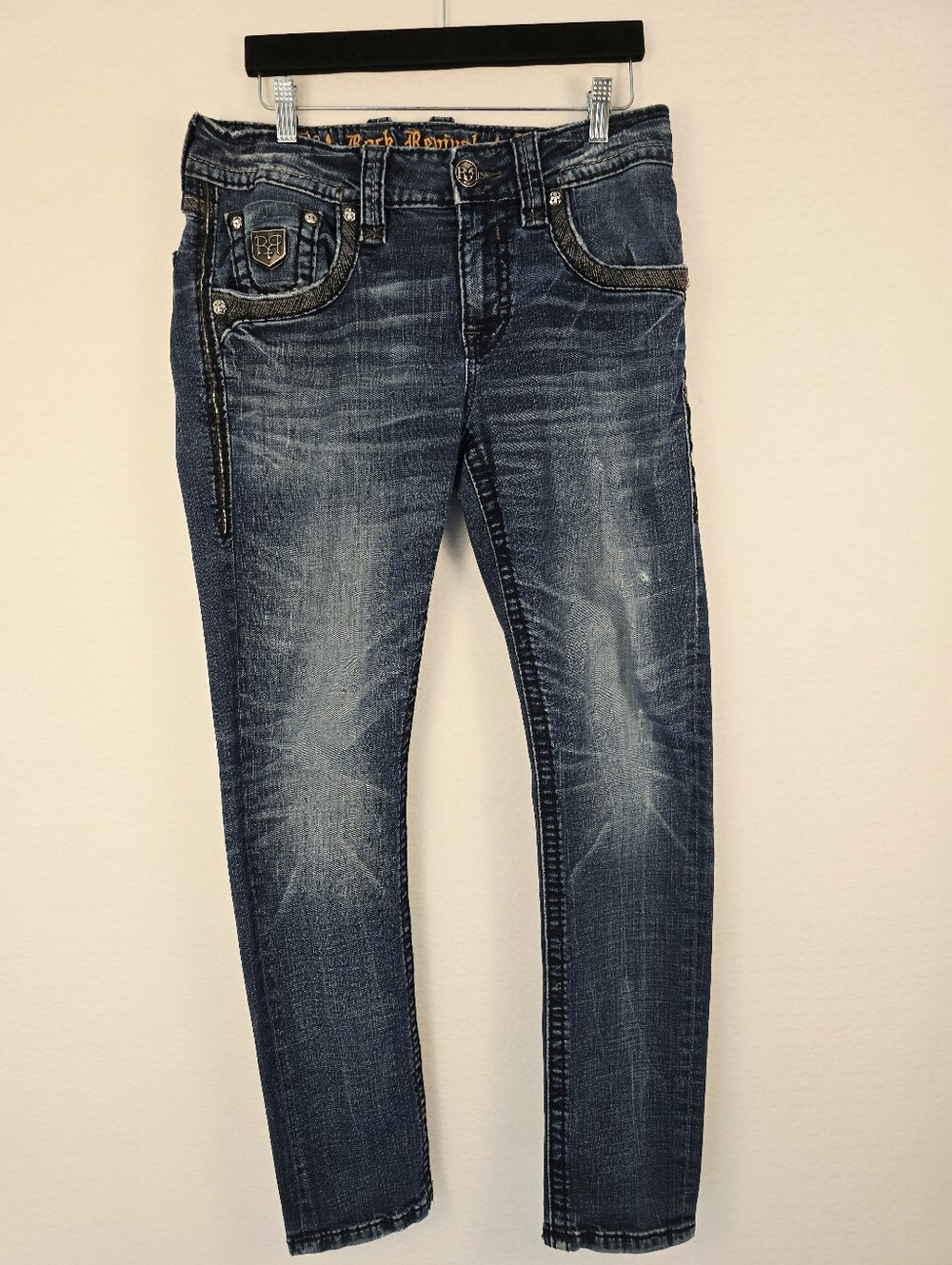 Rock Revival Westmont Slum Taper Dark Blue Embroidered Pocket Jeans. Mens 32/31 - Picture 2 of 16